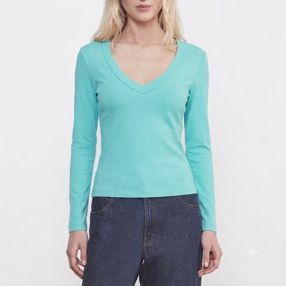 ENZA COSTA Supima Cotton Long Sleeve V Neck Top Women Medium Teal Tee Shirt